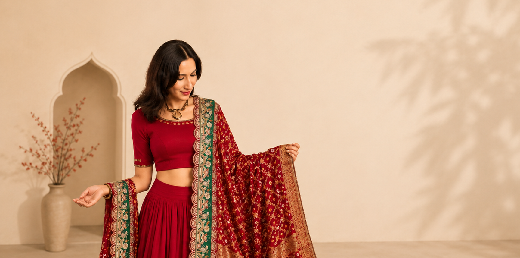 Woman styling a red Bandhej dupatta